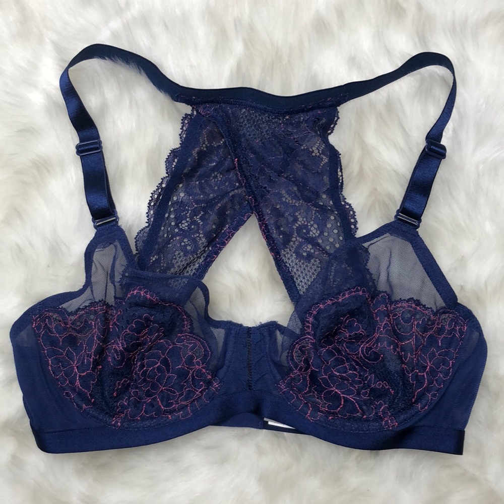 Triumph Navy Blue Pink Stitch Underwire Bra 34B NEW - Picture 2 of 11
